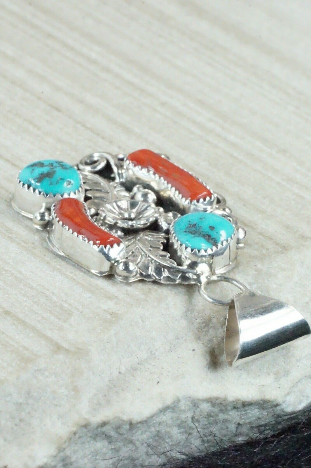 Turquoise, Coral & Sterling Silver Pendant - Shirley Largo