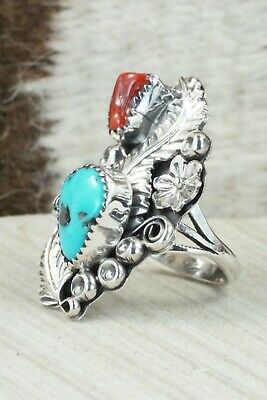 Turquoise, Coral & Sterling Silver Ring - Harry Yazzie - Size 7.5