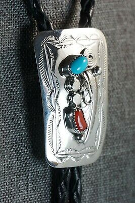Navajo Turquoise, Coral & Sterling Silver Bolo Tie - Wilbur Myers