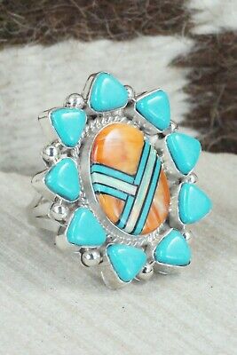Turquoise, Spiny Oyster & Sterling Silver Ring - Leslie Lamy - Size 7.5