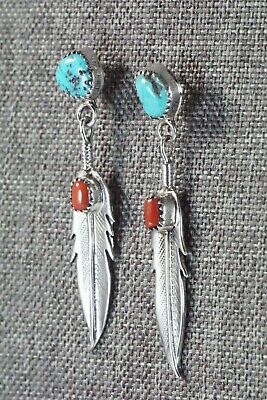 Navajo Turquoise, Coral & Sterling Silver Earrings - Roger Pino