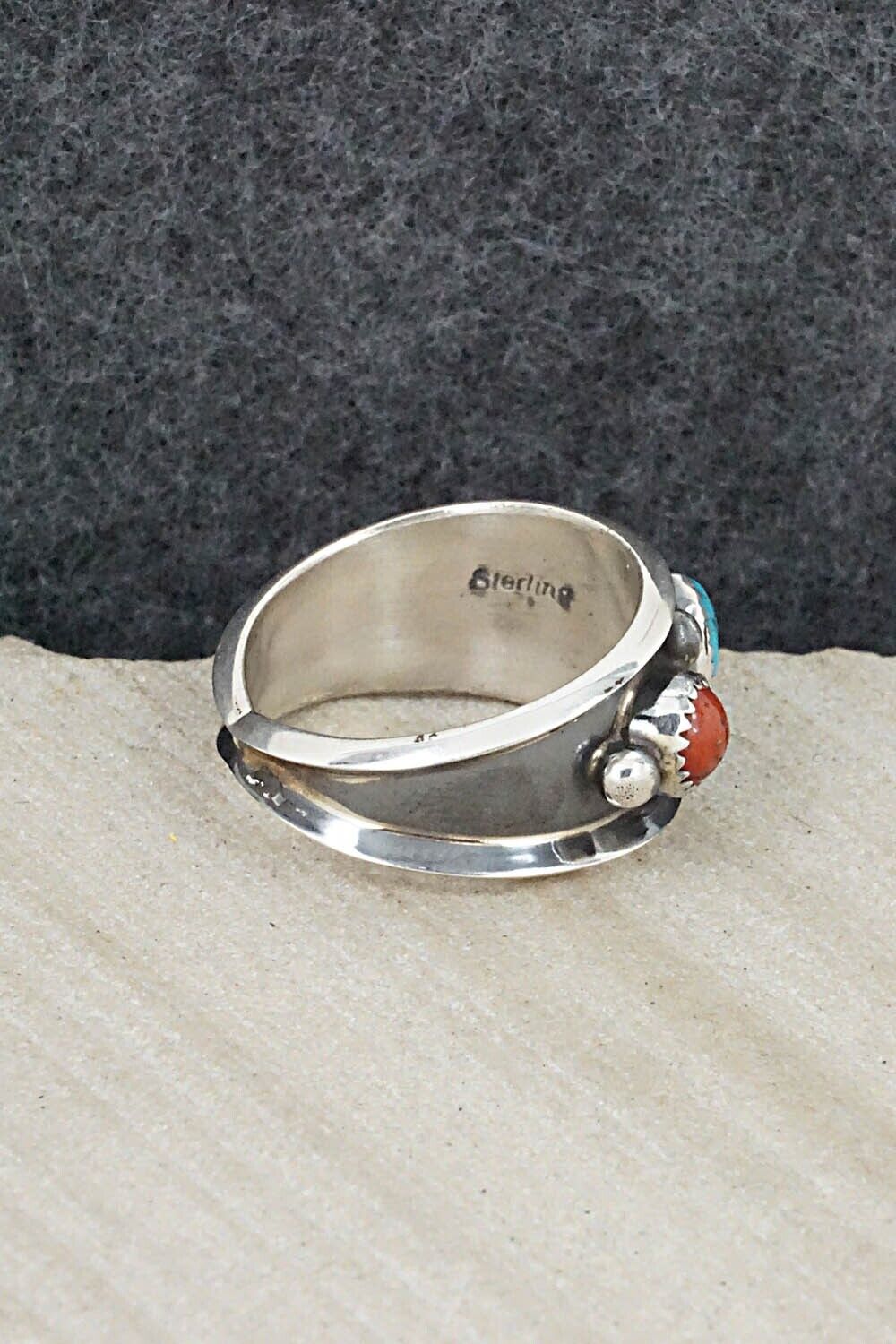 Turquoise, Coral & Sterling Silver Ring - Paul Largo - Size 9