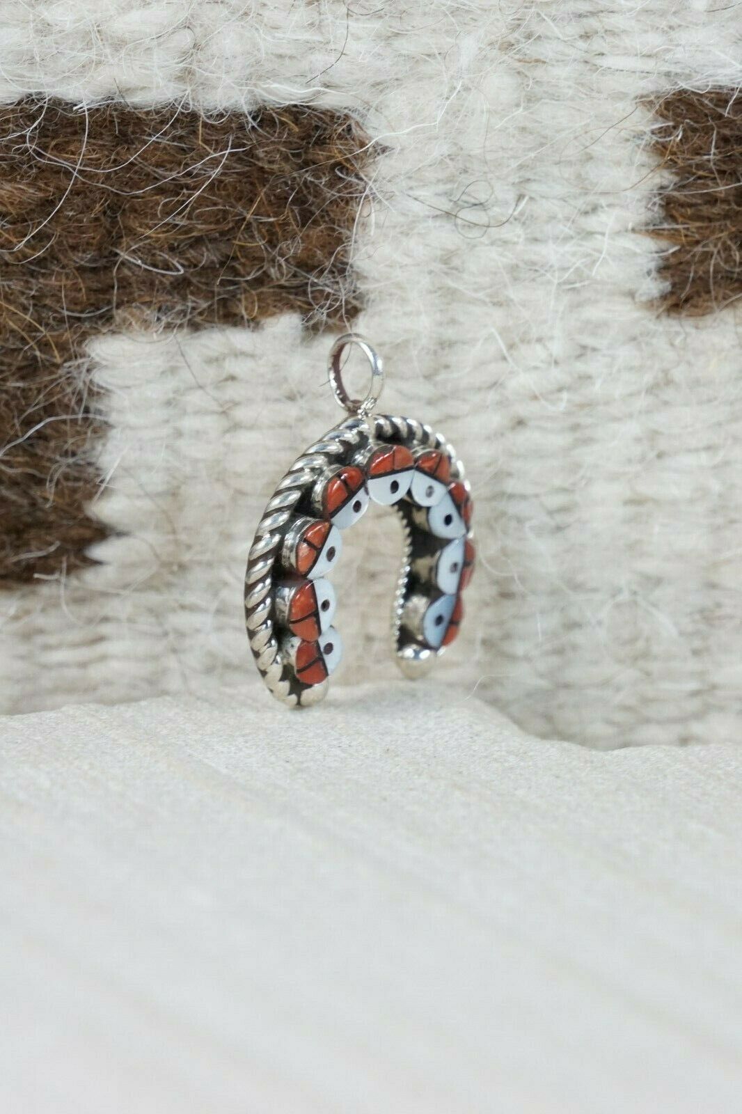 Zuni Coral & Mother of Pearl Sterling Silver Sunface Pendant - Janice Lalio - High Lonesome Trading