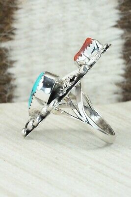 Turquoise, Coral & Sterling Silver Ring - Harry Yazzie - Size 7.5