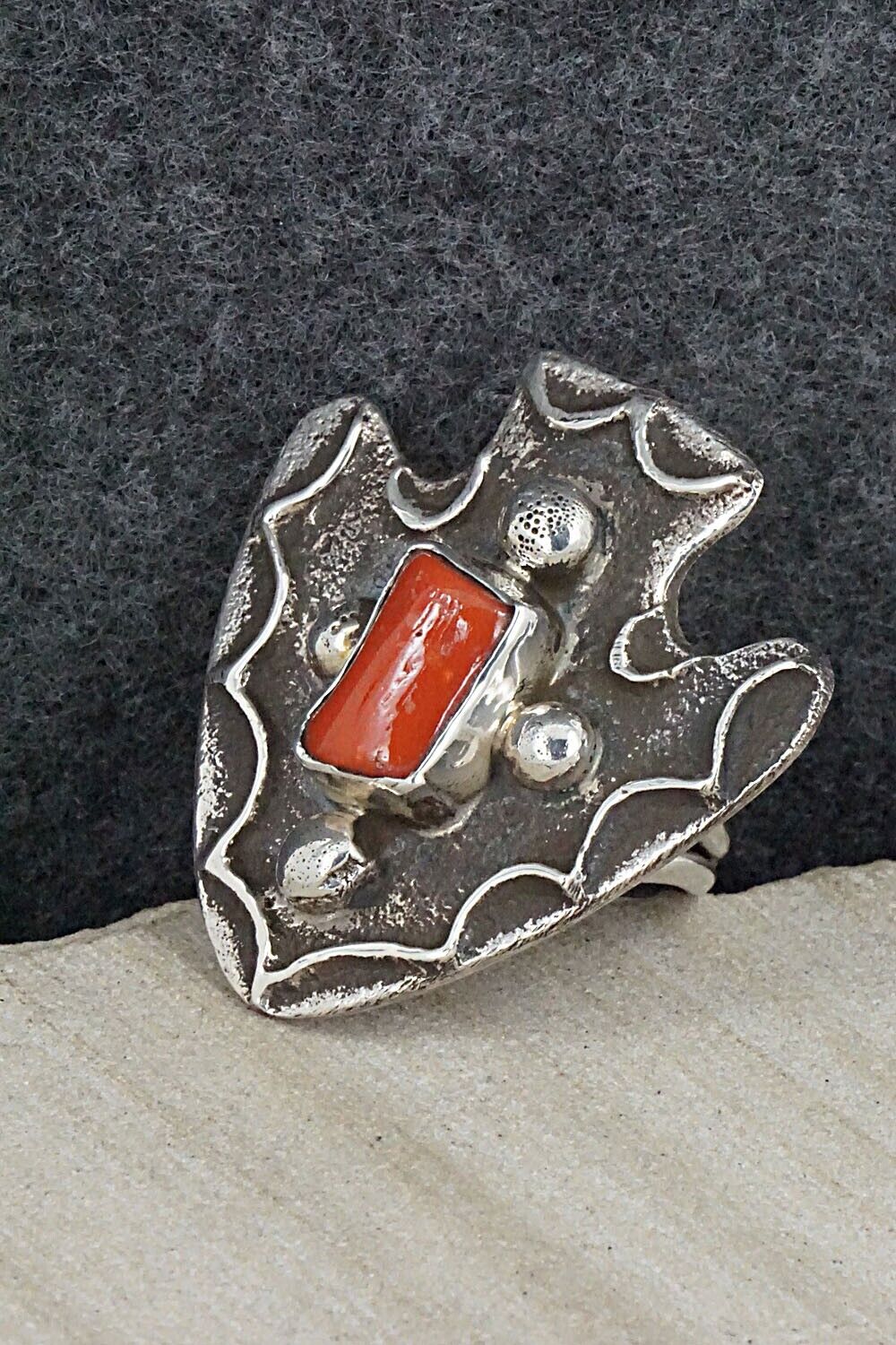 Coral & Sterling Silver Ring - Delbert Arviso - Size 8.25