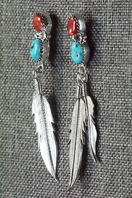 Navajo Turquoise, Coral & Sterling Silver Earrings - Annie Spencer