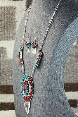 Zuni Turquoise, Coral & Sterling Silver Necklace & Earrings - Edmund Cooeyate