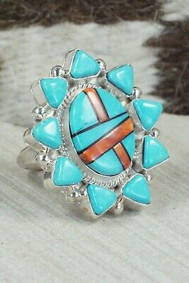 Turquoise, Spiny Oyster & Sterling Silver Ring - Leslie Lamy - Size 7.5