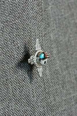 Zuni Turquoise, Coral and Sterling Silver Sun Face Tie Tack - Elvira Kiyite - High Lonesome Trading