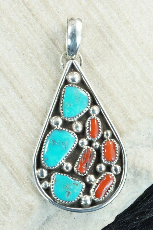 Turquoise, Coral and Sterling Silver Pendant - Priscilla Reeder