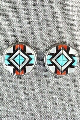 Multi Stone Inlay & Sterling Silver Earrings - Yelmo Natachu - High Lonesome Trading