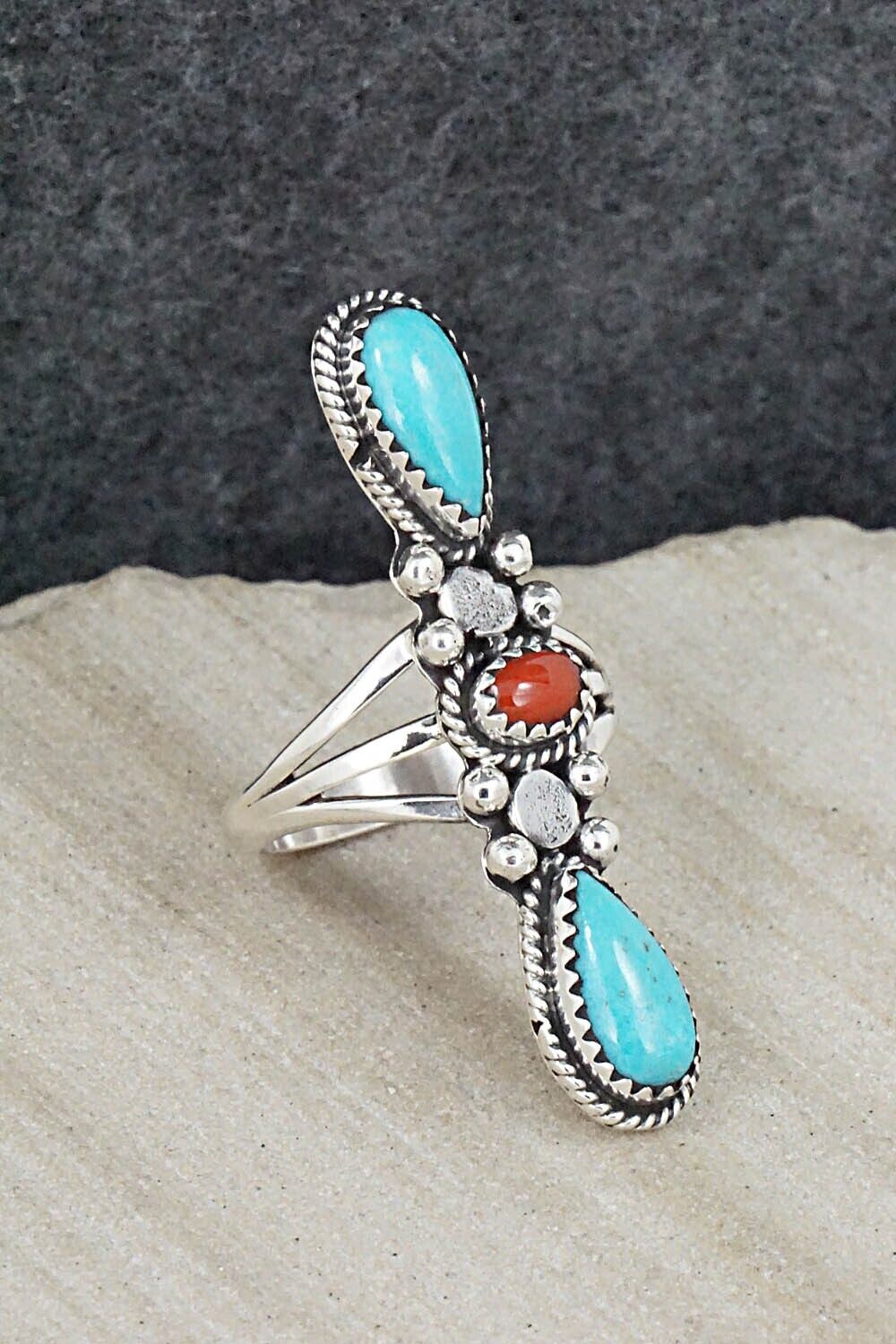 Turquoise, Coral & Sterling Silver Ring - Andrew Vandever - Size 7.75