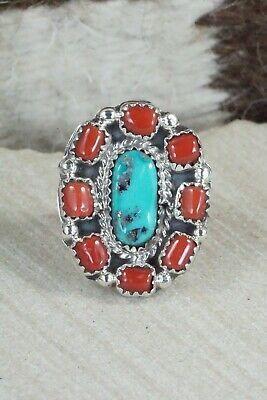 Turquoise, Coral & Sterling Silver Ring - Roberta Begay - 6.75 - High Lonesome Trading