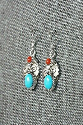 Navajo Turquoise and Coral Sterling Silver Earrings - Roberta Begay - High Lonesome Trading