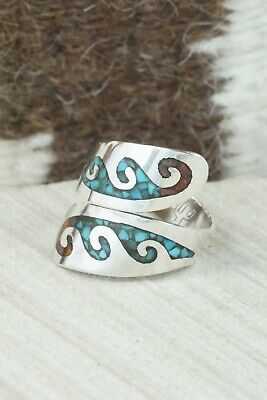 Turquoise, Coral & Sterling Silver Ring - Jolene Jazzie - Size 7