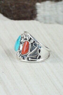 Turquoise, Coral & Sterling Silver Ring - Jeanette Saunders - Size 12