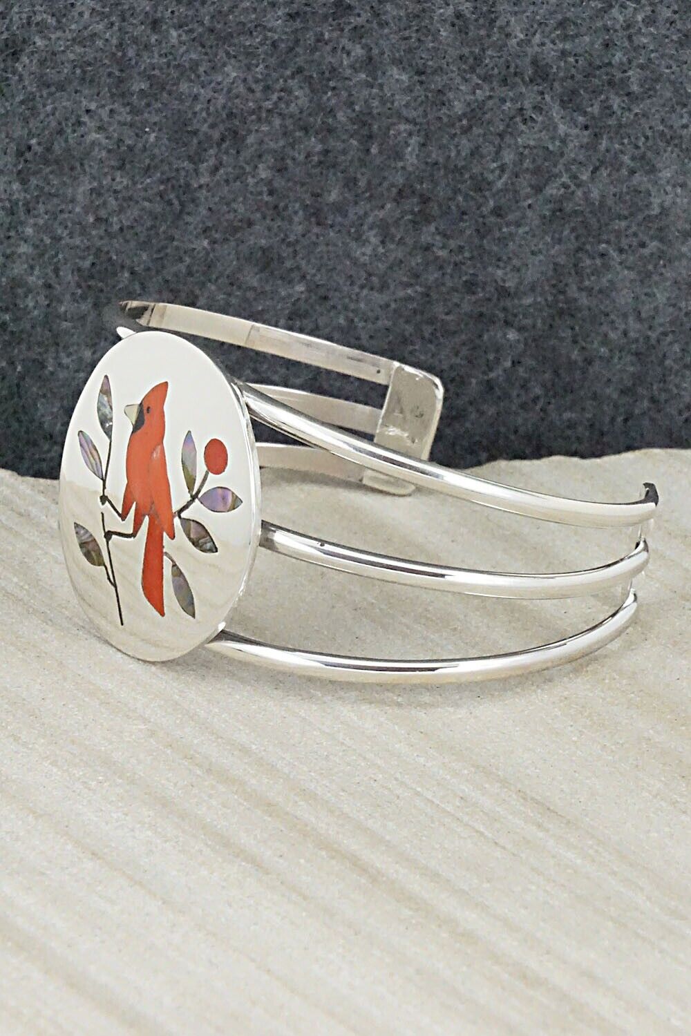 Coral, Abalone Shell & Sterling Silver Bracelet - Derrick Edaakie