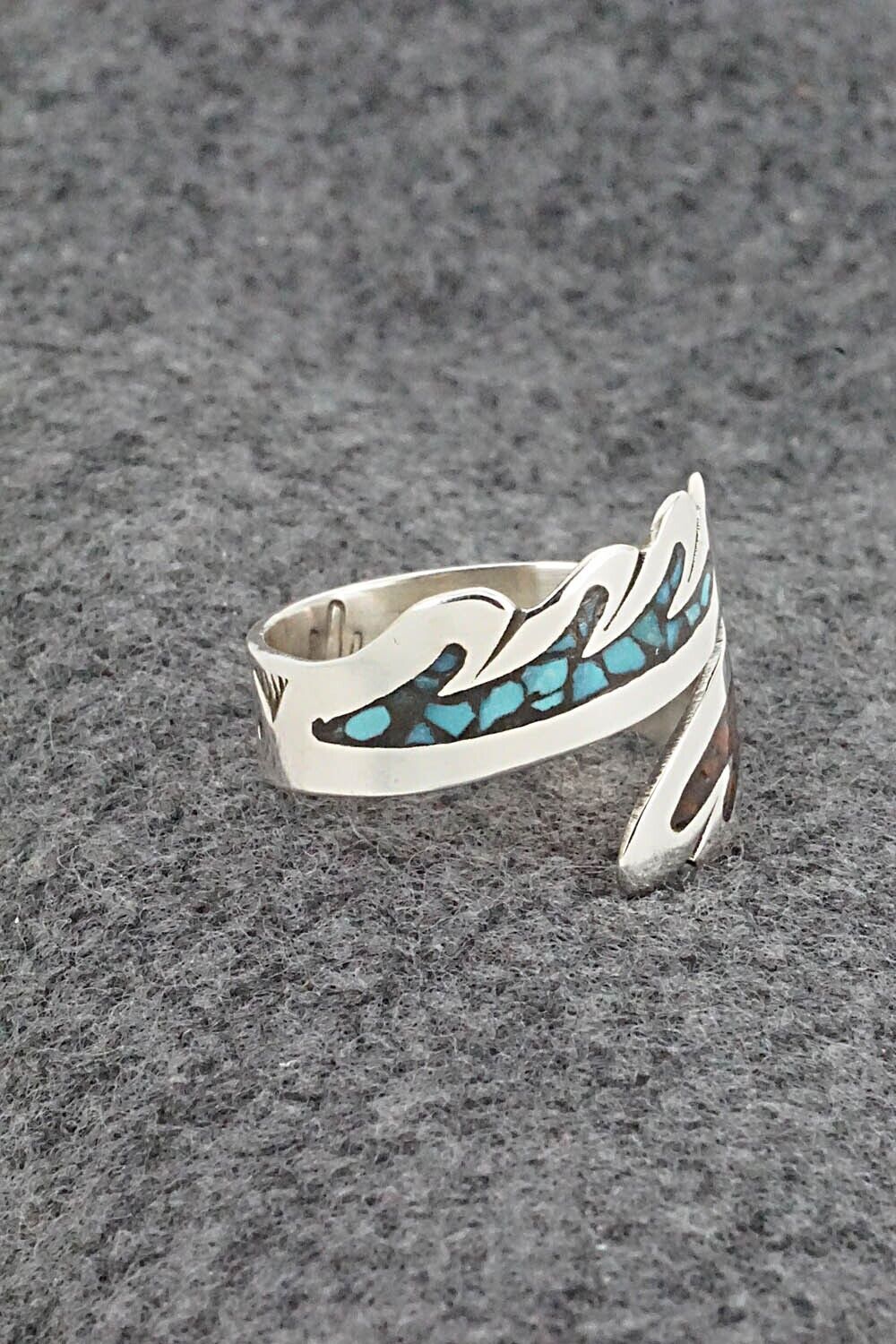 Turquoise, Coral & Sterling Silver Ring - Jolene Yazzie - Size 9.75