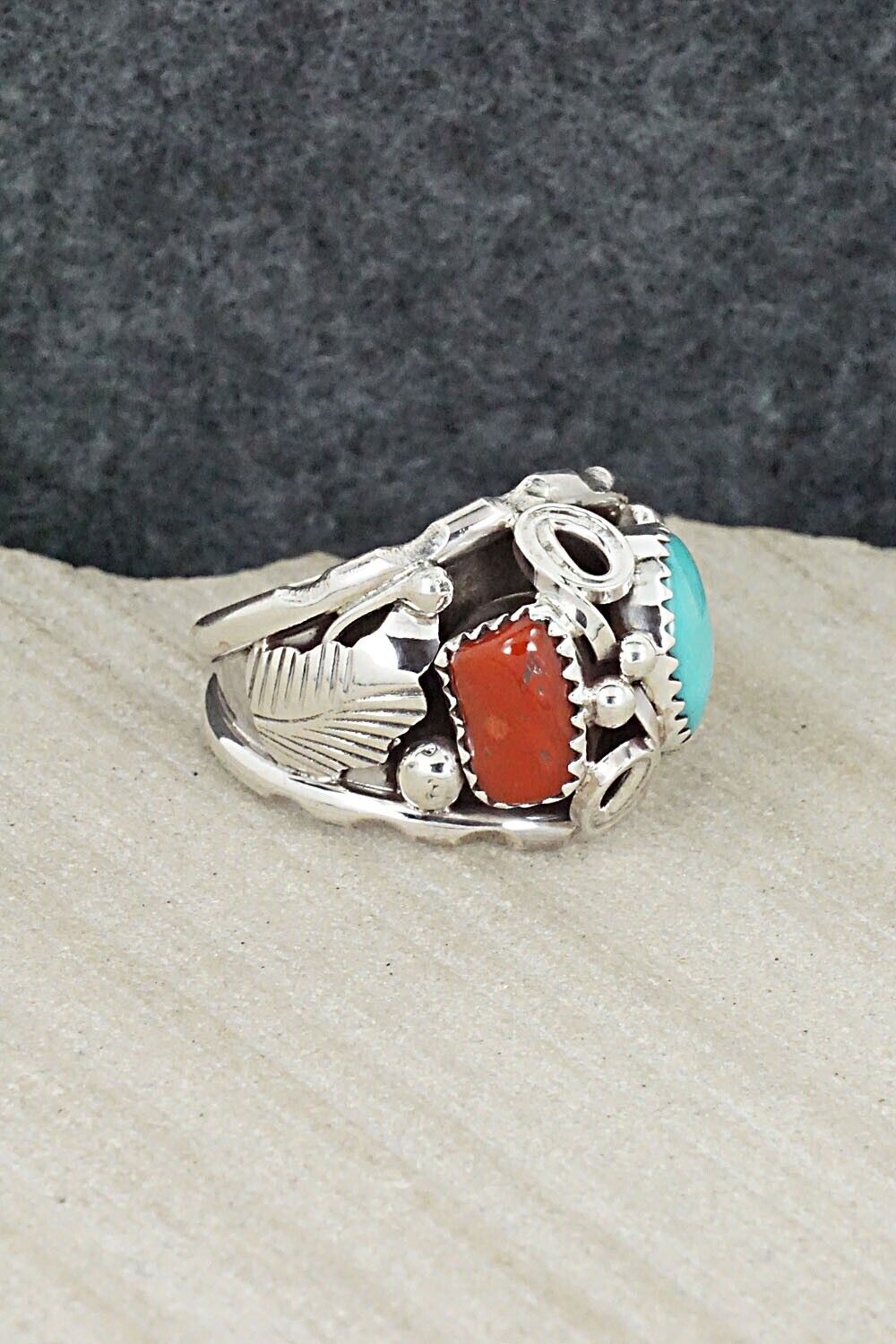 Turquoise, Coral & Sterling Silver Ring - Max Calladitto - Size 11
