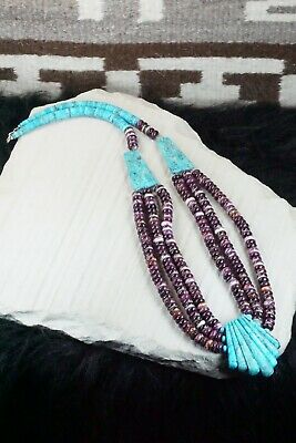 Turquoise, Spiny Oyster & Sterling Silver Necklace - Lupe Lovato