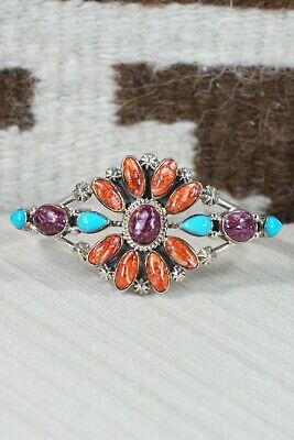 Navajo Turquoise, Spiny Oyster & Sterling Silver Flower Bracelet - Bobby Platero