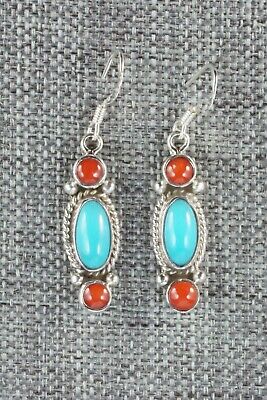 Turquoise, Coral and Sterling Silver Earrings - Navajo