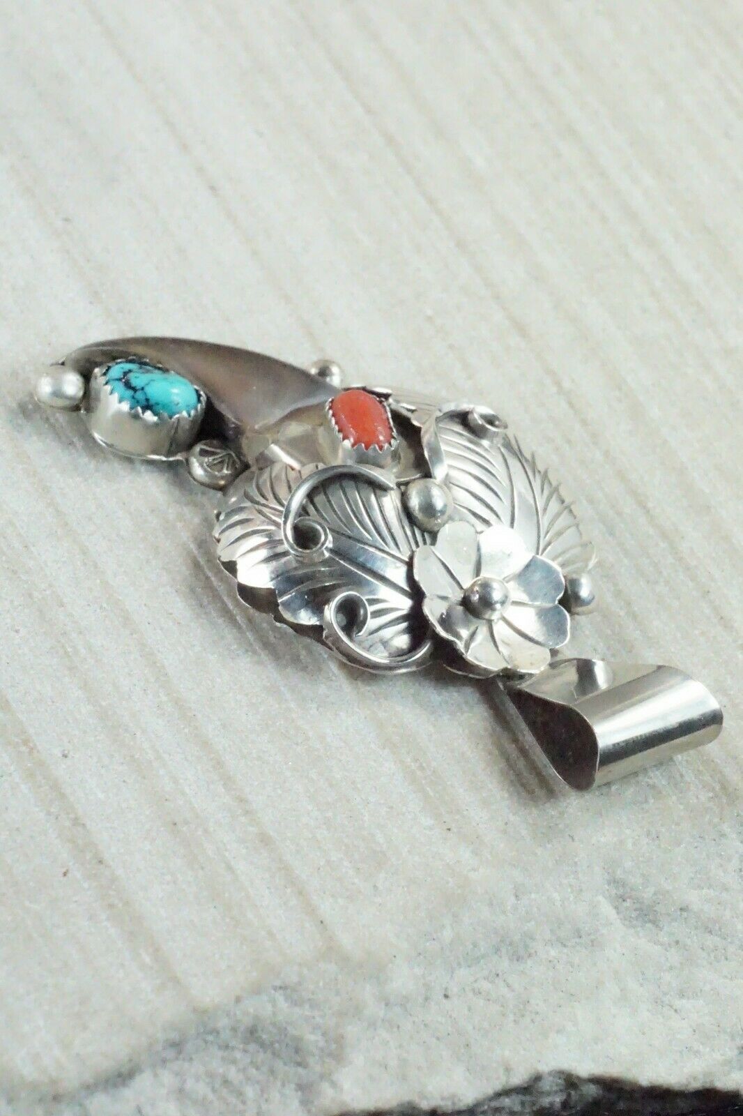 Turquoise, Coral & Sterling Silver Pendant - Jerry Thompson