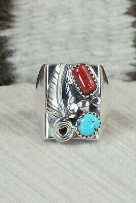 Turquoise, Coral and Sterling Silver Ring - Wilbur Myers - Size 9