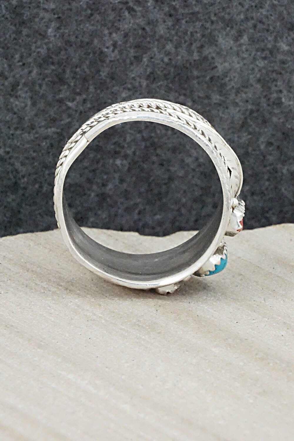 Turquoise, Coral and Sterling Silver Ring - Betty Begay - Size 12