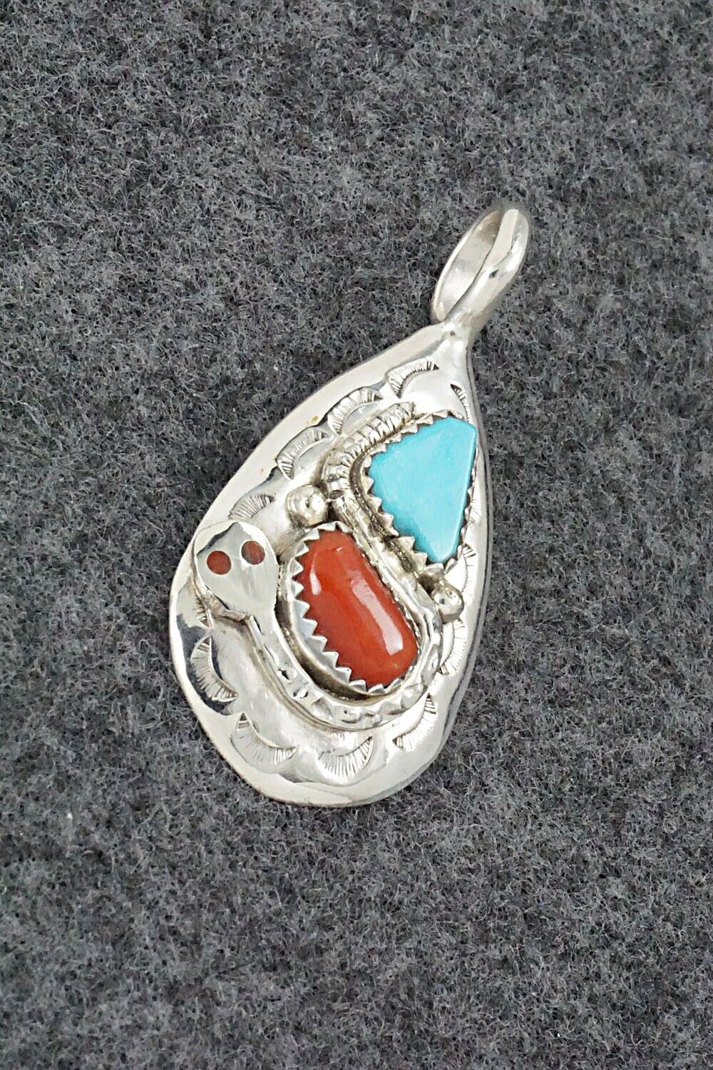 Turquoise, Coral and Sterling Silver Pendant - Joy Calavaza