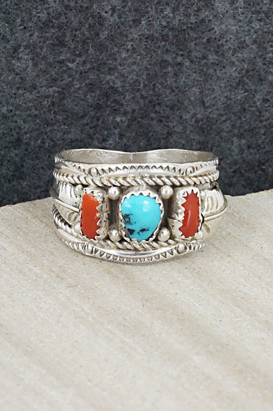 Turquoise, Coral and Sterling Silver Ring - Betty Begay - Size 11.75