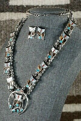 Zuni Inlay Owl Necklace and Sterling Silver Earring Set - Pitkin Natewa - High Lonesome Trading