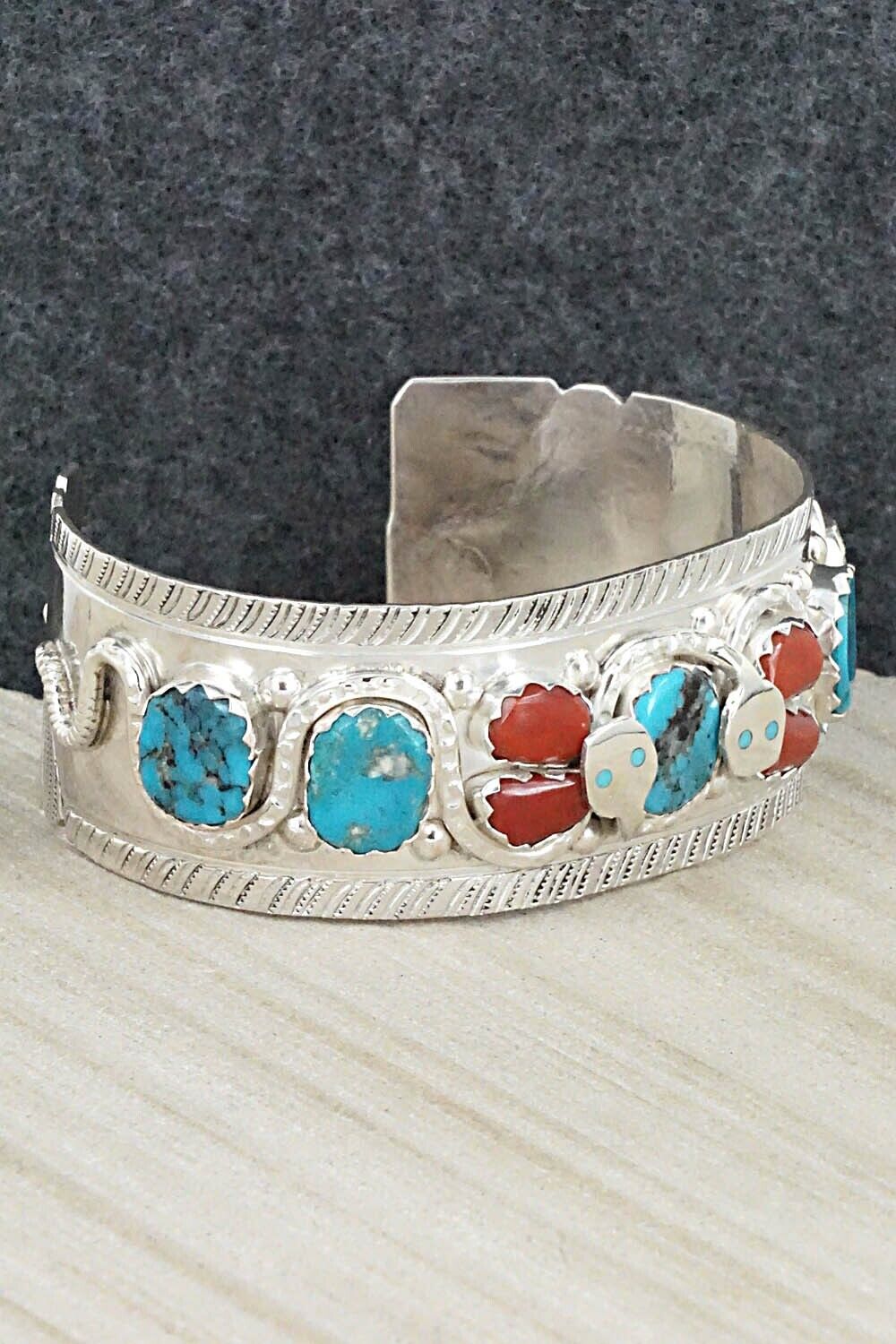 Turquoise, Coral & Sterling Silver Bracelet - Joy Calavaza