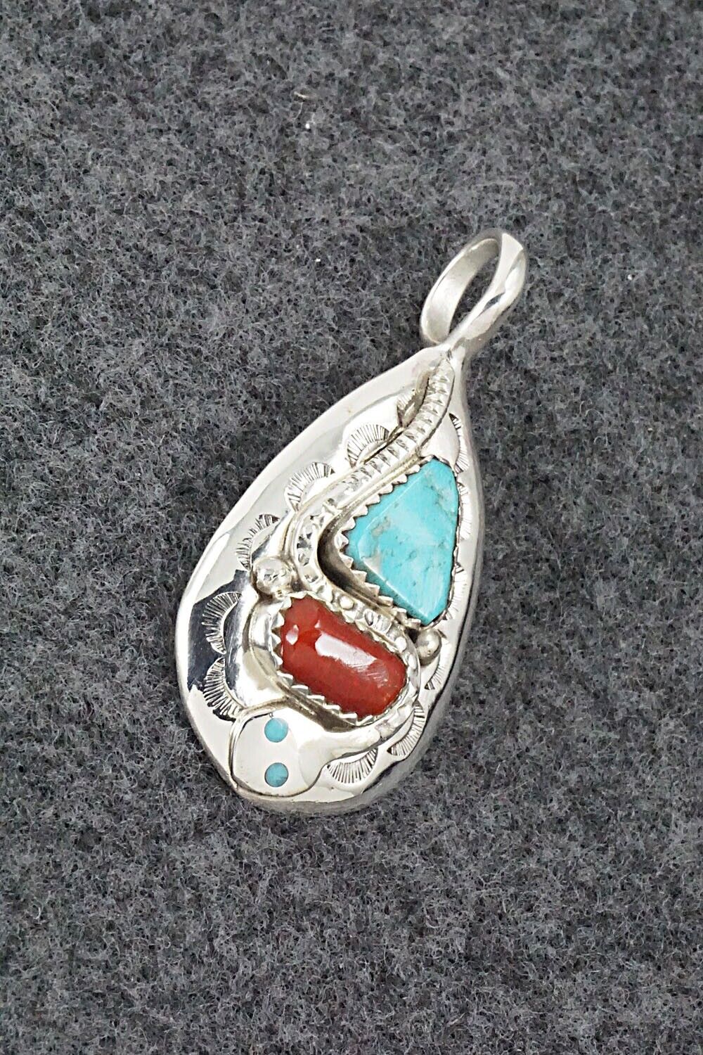 Turquoise, Coral and Sterling Silver Pendant - Joy Calavaza