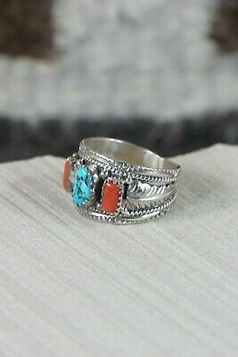 Navajo Turquoise & Coral Sterling Silver Ring - Harrison & Betty Begay - Size 9 - High Lonesome Trading