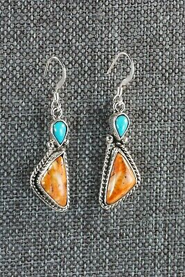 Navajo Turquoise & Spiny Oyster Sterling Silver Earrings - Gary Shorty