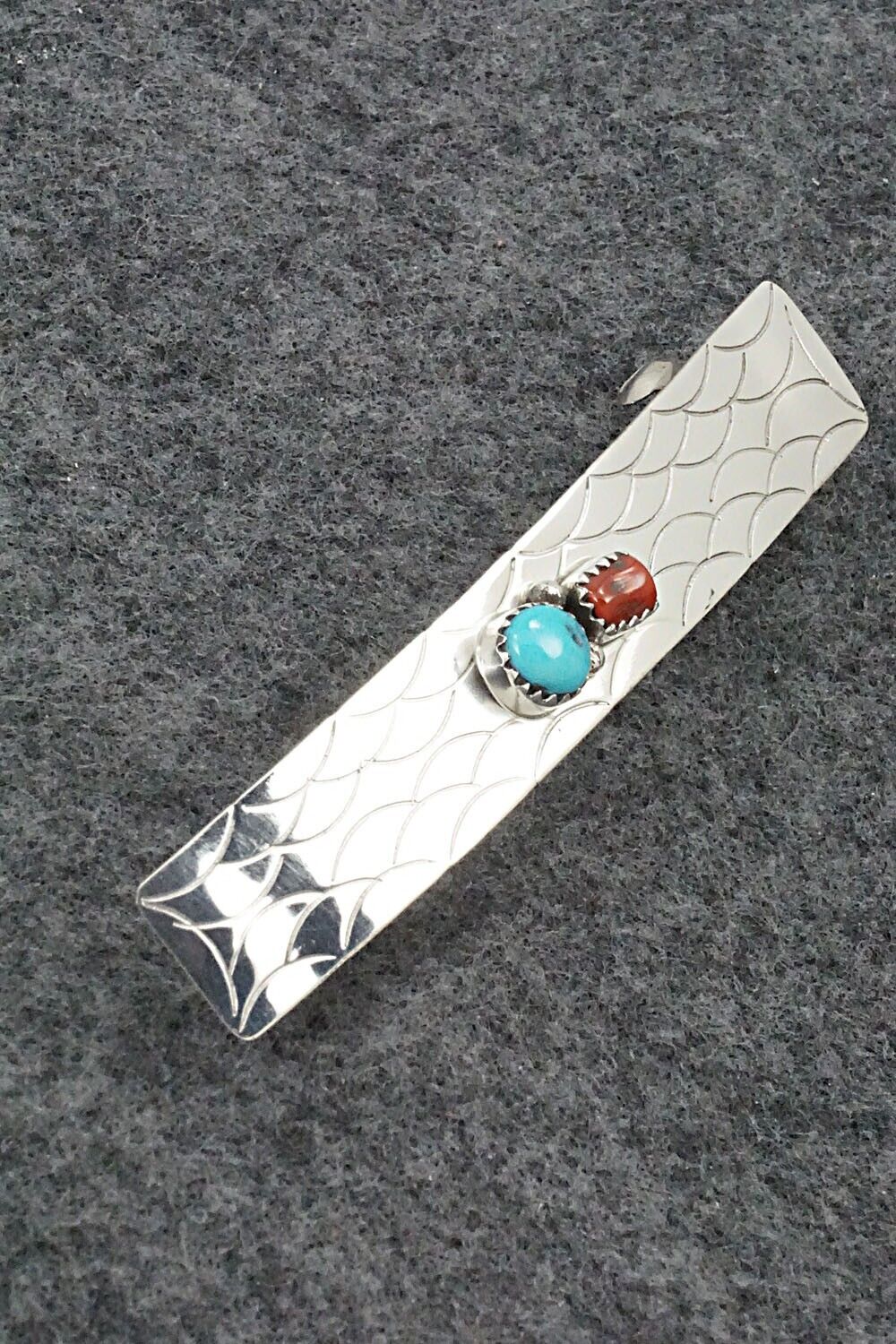 Turquoise, Coral & Sterling Silver Hair Barrette - Sally Arviso