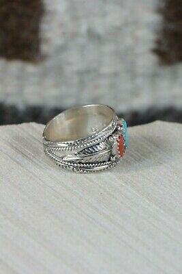Navajo Turquoise & Coral Sterling Silver Ring - Harrison & Betty Begay - Size 9 - High Lonesome Trading
