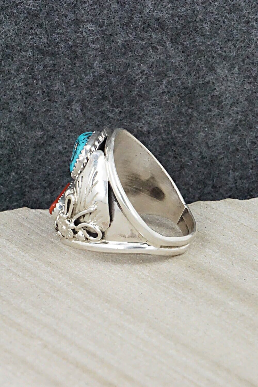 Turquoise, Coral & Sterling Silver Ring - Leonard Spencer - Size 12