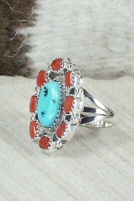 Turquoise & Coral Sterling Silver Ring - Roberta Begay - Size 6.5
