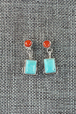 Turquoise & Coral Sterling Silver Earrings - Verley Betone