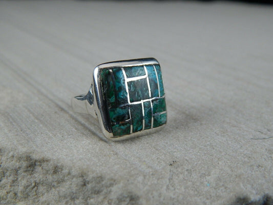Zuni Chryscolla and Sterling Silver Ring - Ernest Mackel - Size 7.75 - High Lonesome Trading