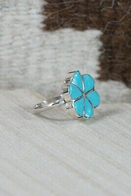 Zuni Turquoise and Sterling Silver Flower Ring - Jonathan Besselente - Size 5.5