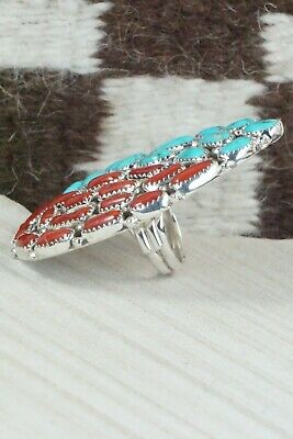 Coral, Turquoise & Sterling Silver Ring - Marlene Haley - Size 5.25