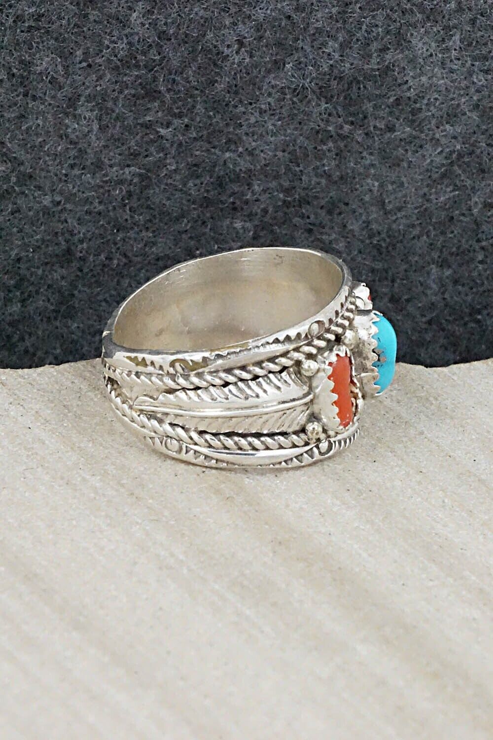 Turquoise, Coral and Sterling Silver Ring - Betty Begay - Size 9.5