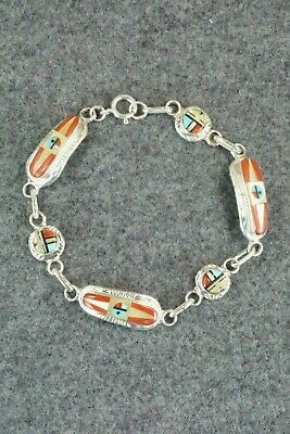 Coral, Mother of Pearl & Sterling Silver Link Bracelet - Patty Edaakie