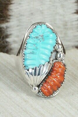 Turquoise, Coral & Sterling Silver Ring - Lyolita Tsattie - Size 13