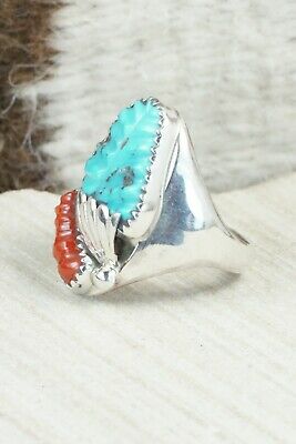 Turquoise, Coral & Sterling Silver Ring - Lyolita Tsattie - Size 7