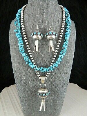 Navajo Turquoise Necklace & Blossom Pendant and Earrings - Monica Smith - High Lonesome Trading