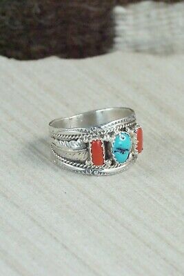 Turquoise, Coral and Sterling Silver Ring - Harrison & Betty Begay - 11.5